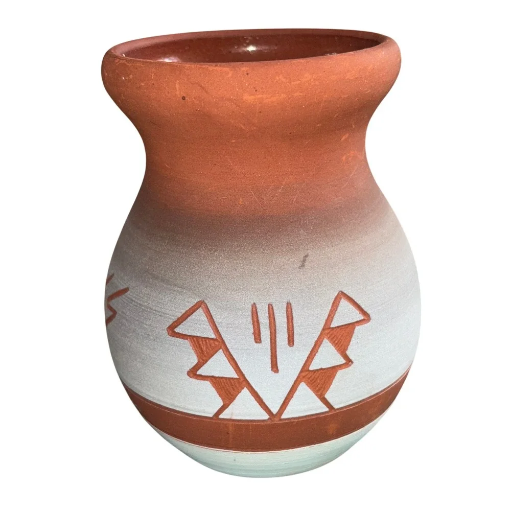 Southwest Native American Style Terracotta Clay Vase Handcrafted Geometric‎